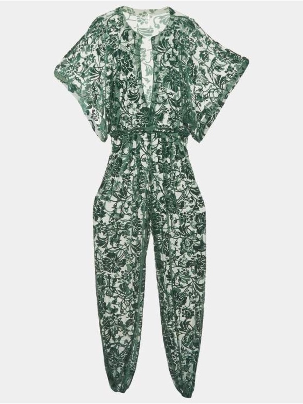 NWT Norma Kamali Green Floral Pattern Tulle and Velvet Jog Jumpsuit ~ Size XS/S